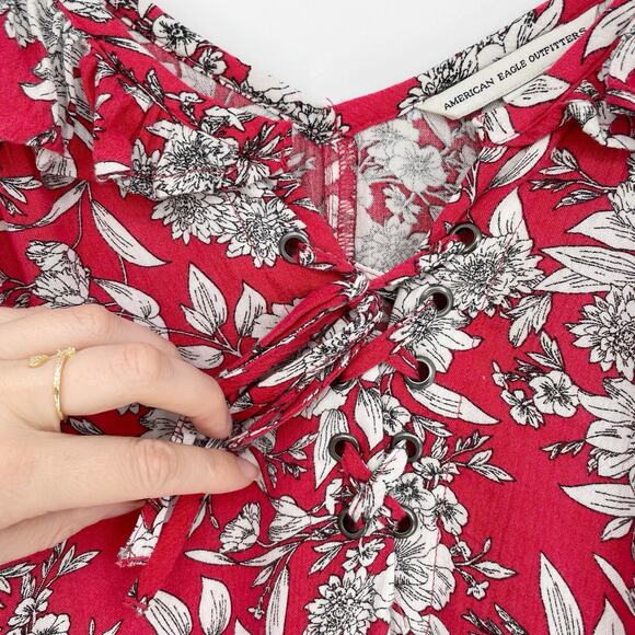 American Eagle Red Ruffle Hawaiian Lace Up Low Back Floral Sundress Small V Neck - Picture 3 of 9